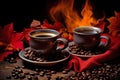 Two cups of coffee, close-up on the table with a lot of coffee grains
