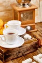 Two cups of coffee espresso near sugar cube Royalty Free Stock Photo