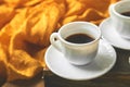 Two cups of coffee espresso near sugar cube Royalty Free Stock Photo