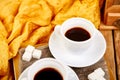 Two cups of coffee espresso near sugar cube Royalty Free Stock Photo