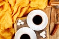 Two cups of coffee espresso near sugar cube Royalty Free Stock Photo