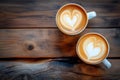 Two cups of coffee with heart latte art, date concept. Valentine\'s day or coffee lovers. Couple of cappuccino cups on wooden Royalty Free Stock Photo