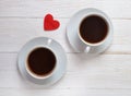 Two cups and coffee heart on the table. Royalty Free Stock Photo