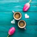Two coffee cups, hearts and flowers. Valentine day Royalty Free Stock Photo