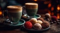 Two cups of coffee latte with candies, cakes, sweets Royalty Free Stock Photo