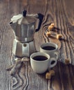 Two cups of coffee with pieces of cane sugar and Italian coffee Royalty Free Stock Photo