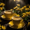 Two cups of coffee on saucers with yellow flowers.