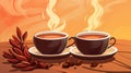 two cups of coffee on a wooden table with flames coming out of them Royalty Free Stock Photo