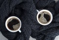 Two cups of coffee wrapped in black woolen scarf