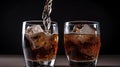 two cups of cola soft drink being poured into glass