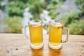 Two cups of ginger root tea with lemon, honey and mint on a wooden table and High-mountain river in the background. Walk Royalty Free Stock Photo