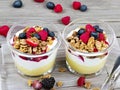 Two bowls filled with white yogurt topped with blueberries, strawberries, and granola. Royalty Free Stock Photo