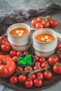 Two cups of homemade tomato soup on a wooden plate on gray background Royalty Free Stock Photo