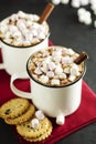 Two cups of hot chocolate, cocoa or warm drink with marshmallows and sweet cookies on dark background Royalty Free Stock Photo