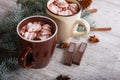 Two cups of sweet cocoa with marshmallows next to a pine branch on a table background. Winter hot chocolate. Royalty Free Stock Photo