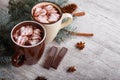 Two cups of sweet cocoa with marshmallows next to a pine branch on a table background. Winter hot chocolate. Royalty Free Stock Photo