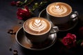 Two cups of hot coffee cafe latte with beautiful latte art and red roses, served on black wooden table, coffee lover and valentine Royalty Free Stock Photo