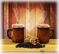 Two cups of hot coffee, cinnamon and coffee beans. Love. Royalty Free Stock Photo