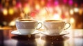 Two cups of hot coffee with coffee art and a cozy blurred background Royalty Free Stock Photo