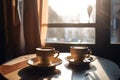 Two cups of hot coffee near the window at home or in cafe, with morning soft light. Generated AI