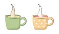 Two cups of hot drink. Couple of mugs with aromatic coffee and fruit tea. Pair of dishes with circles. Flat style. Color