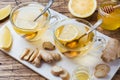 Two cups of natural herbal tea ginger lemon and honey on a wooden background Royalty Free Stock Photo