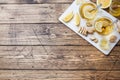 Two cups of natural herbal tea ginger lemon and honey on a wooden background. Copy space Royalty Free Stock Photo