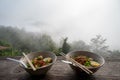 Two cups noodles with beautiful fog