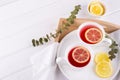 Two cups of red fruit and herbal tea with lemon slice, Royalty Free Stock Photo