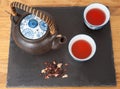 Two cups of Rosehip Tea with leaves and teapot