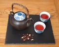 Two cups of Rosehip Tisane with teapot and leaves Royalty Free Stock Photo