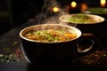 Two cups of soup with steam rising out of them, vegan January challenge. Royalty Free Stock Photo