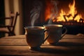 Two cups of steaming hot tea in front of fireplace. Generative AI. Royalty Free Stock Photo