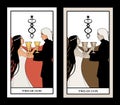 Two of cups. Tarot cards. Young couple offering a golden cup to each other. Caduceus symbol of two entwined snakes