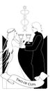 Two of cups. Tarot cards. Young couple offering a golden cup to each other. Caduceus symbol of two entwined snakes