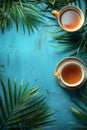 Two cups of tea are on a blue table with palm leaves, AI Royalty Free Stock Photo