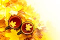 Two cups of tea decorated with a maple leaf and autumn bright yellow-red foliage on a yellow background, top view Royalty Free Stock Photo