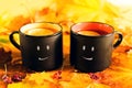 Two cups with tea and lemon with funny faces on autumn bright yellow foliage