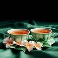 Two cups of tea with plumeria flowers on green satin cloth Royalty Free Stock Photo