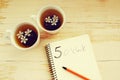 Two cups of tea with spring flowers and notebook Royalty Free Stock Photo