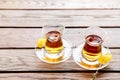 Two cups of traditional Turkish tea on a table in a street cafe in Istanbul, Turkey. Royalty Free Stock Photo