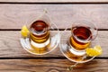 Two cups of traditional Turkish tea on a table in a street cafe in Istanbul, Turkey. Royalty Free Stock Photo