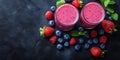 Refreshing mixed berry smoothies served with fresh fruits and mint leaves on a dark background Royalty Free Stock Photo