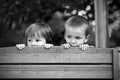 Two curious boys, looking over a wooden wall