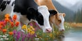 Two Curious Cows Drinking by a Tranquil Pond Surrounded by Lush Greenery and Colorful Wildflowers Royalty Free Stock Photo