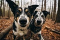 Two Curious Dogs Exploring the Woods on a Serene Autumn Day. AI Royalty Free Stock Photo