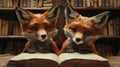 Two Curious Foxes Reading a Book in a Library Royalty Free Stock Photo