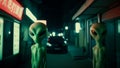 Two curious green aliens lost in Japan, AI-generated.