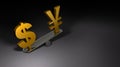 Two currency symbols placed on a large seesaw. Dollar and Chinese yuan. Exchange rate fluctuations. Royalty Free Stock Photo