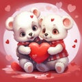 Two cute adorable baby bears holding a heart, a couple in love for valentines day Royalty Free Stock Photo